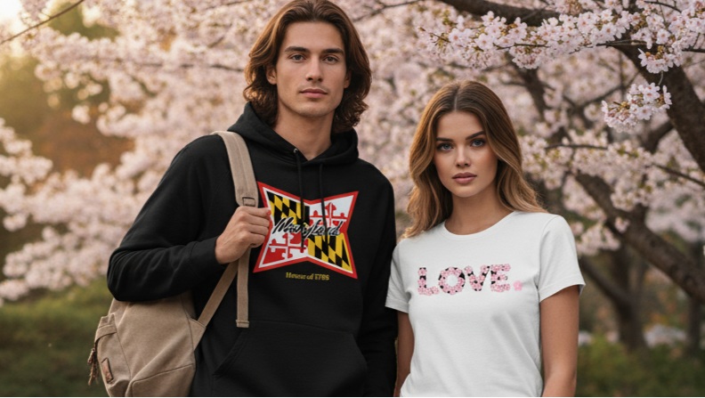 Two people standing on a stone path with cherry blossom trees in the background